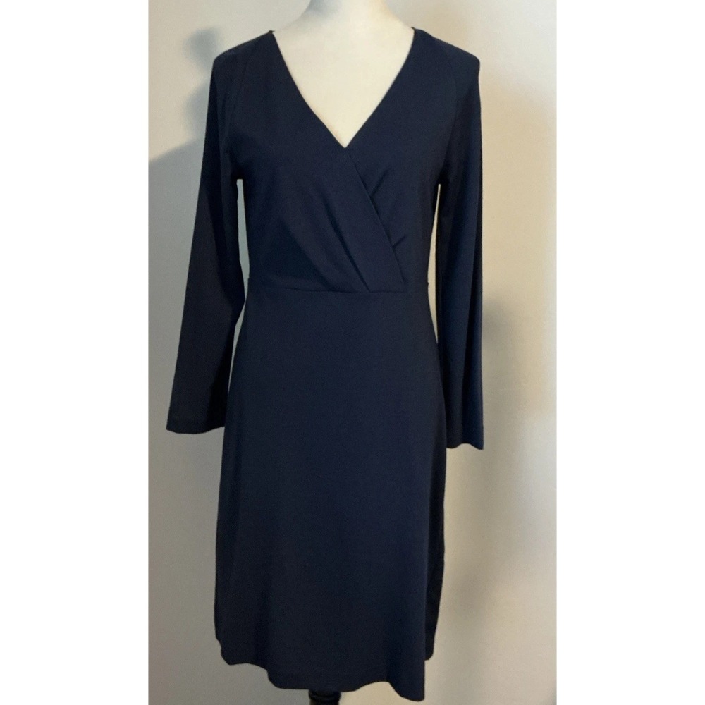 Talbots Ponte Sheath Dress Size 8 Long Sleeves Stretch Faux Wrap Blue